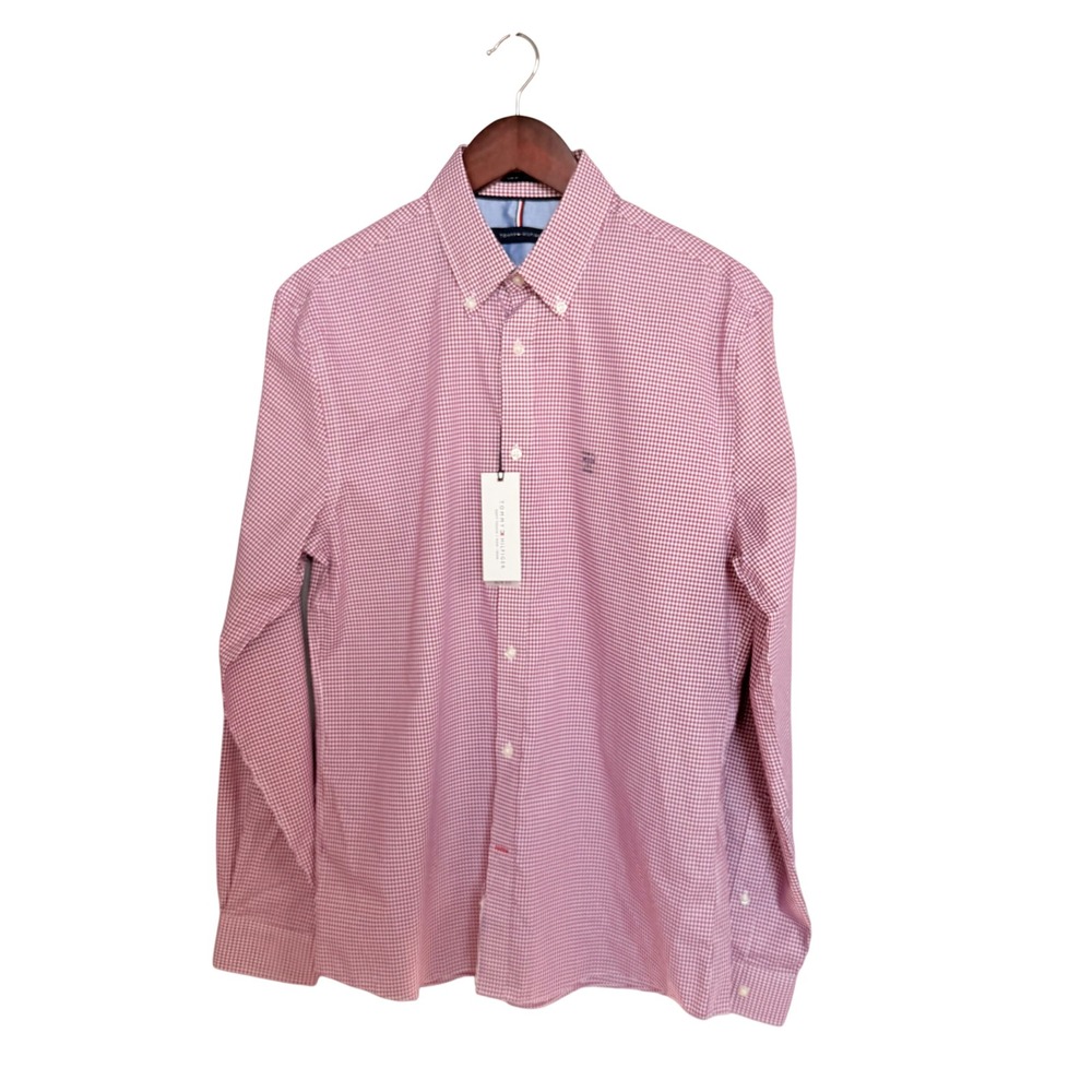 Tommy Hilfiger Shirt Mens 15.5 34/35 Slim Fit Non Iron Gingham Plaid Red White